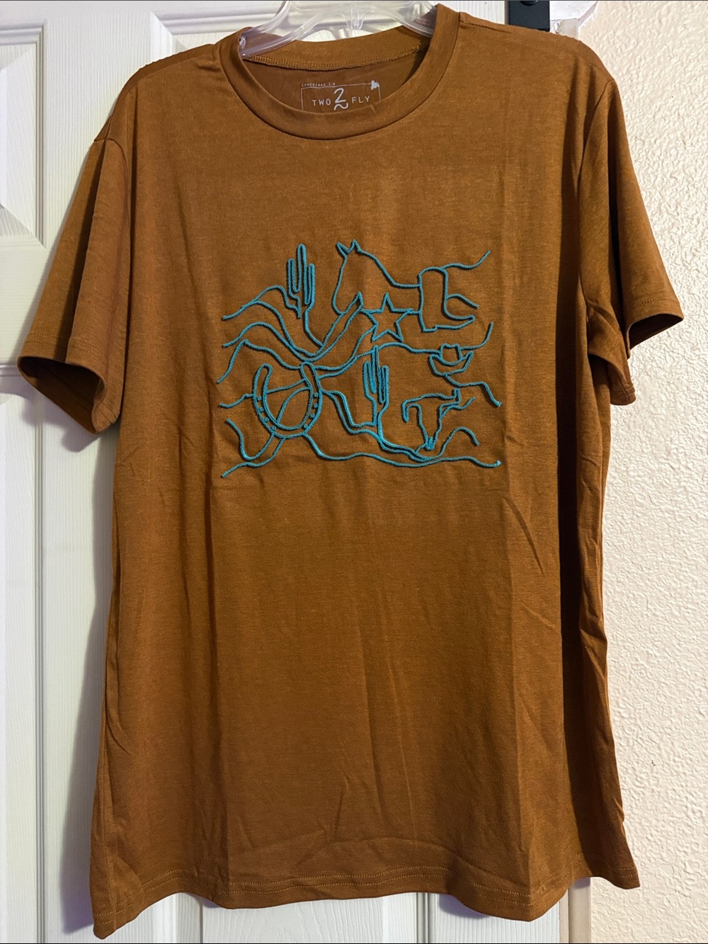 Two2Fly Brown Short-Sleeve Tee with Teal Western Stitching